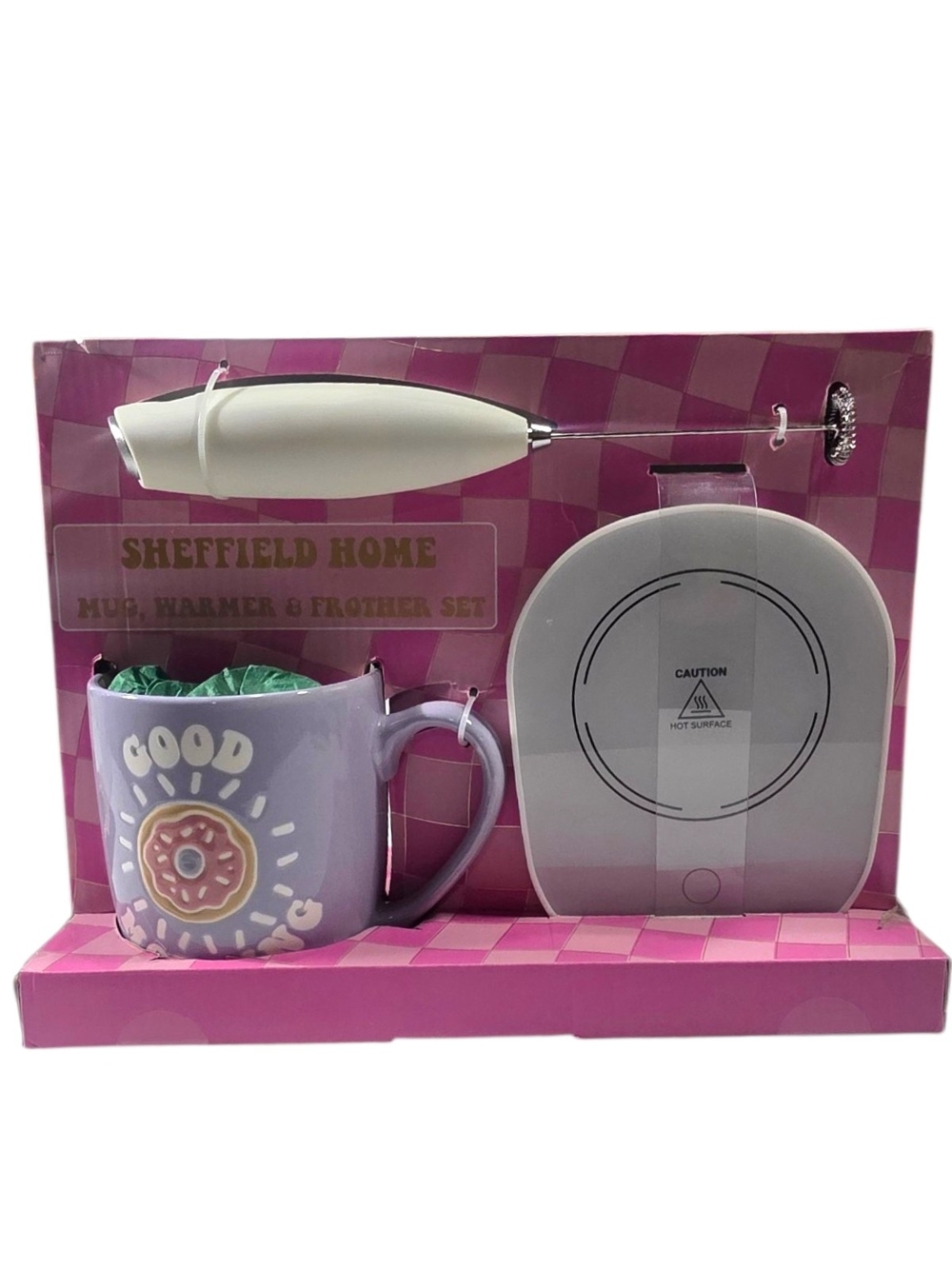 Sheffield Home Mug Warmer Frother Set Good Morning Donut Purple Mug Gift Set New